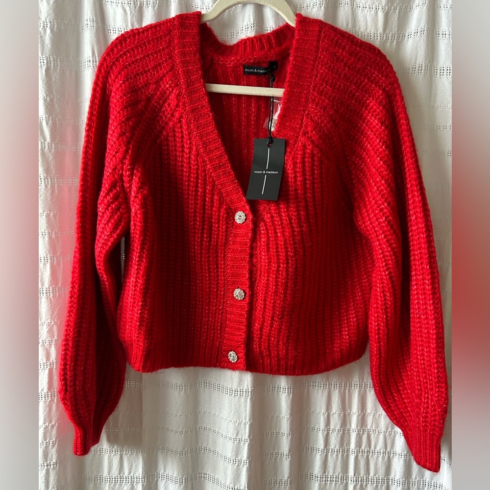 Red Sweater Knit Cardigan Holiday Valentines Day Cozy ❤️🎄🎅